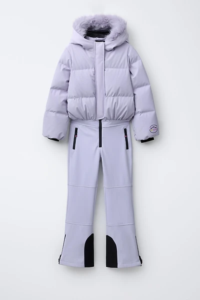 WINDPROOF AND WATER RESISTANT RECCO® SYSTEM SKI COLLECTION REMOVABLE HOODIE DOWN JUMPSUIT