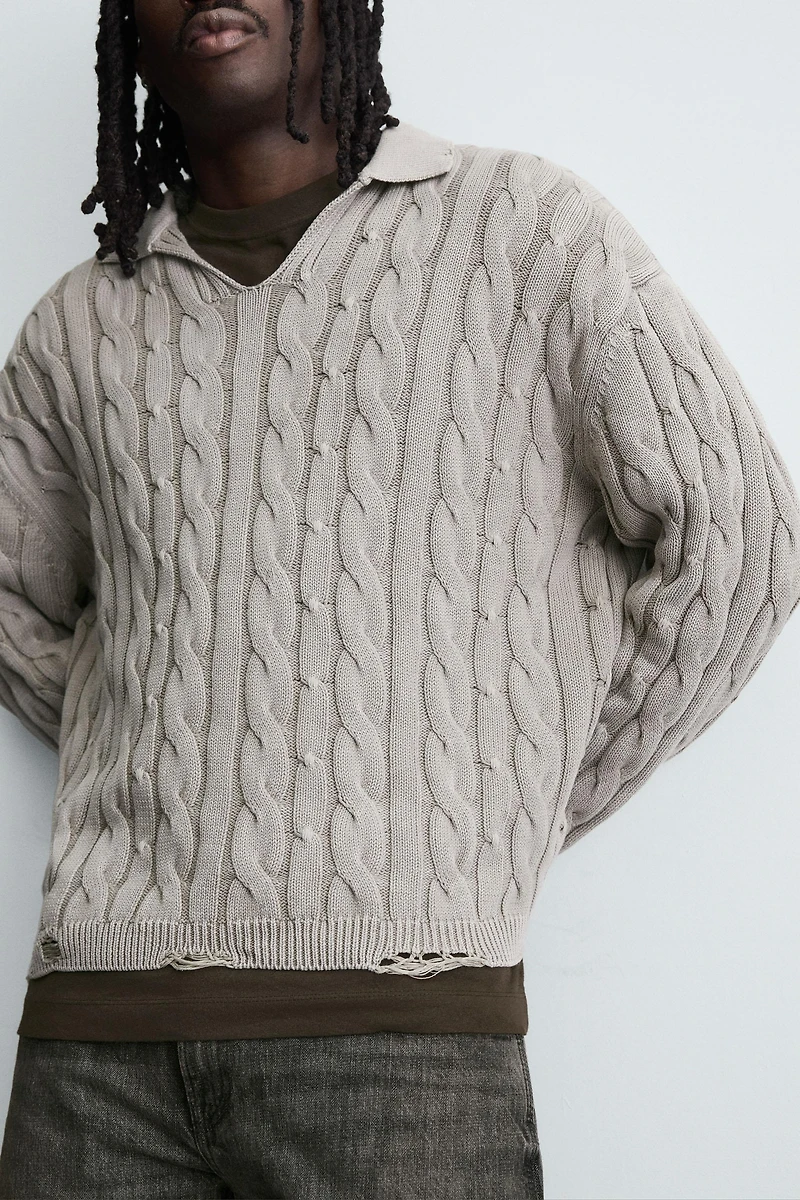 DISTRESSED BRAIDED TEXTURED POLO SHIRT