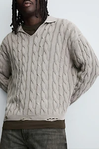 DISTRESSED BRAIDED TEXTURED POLO SHIRT