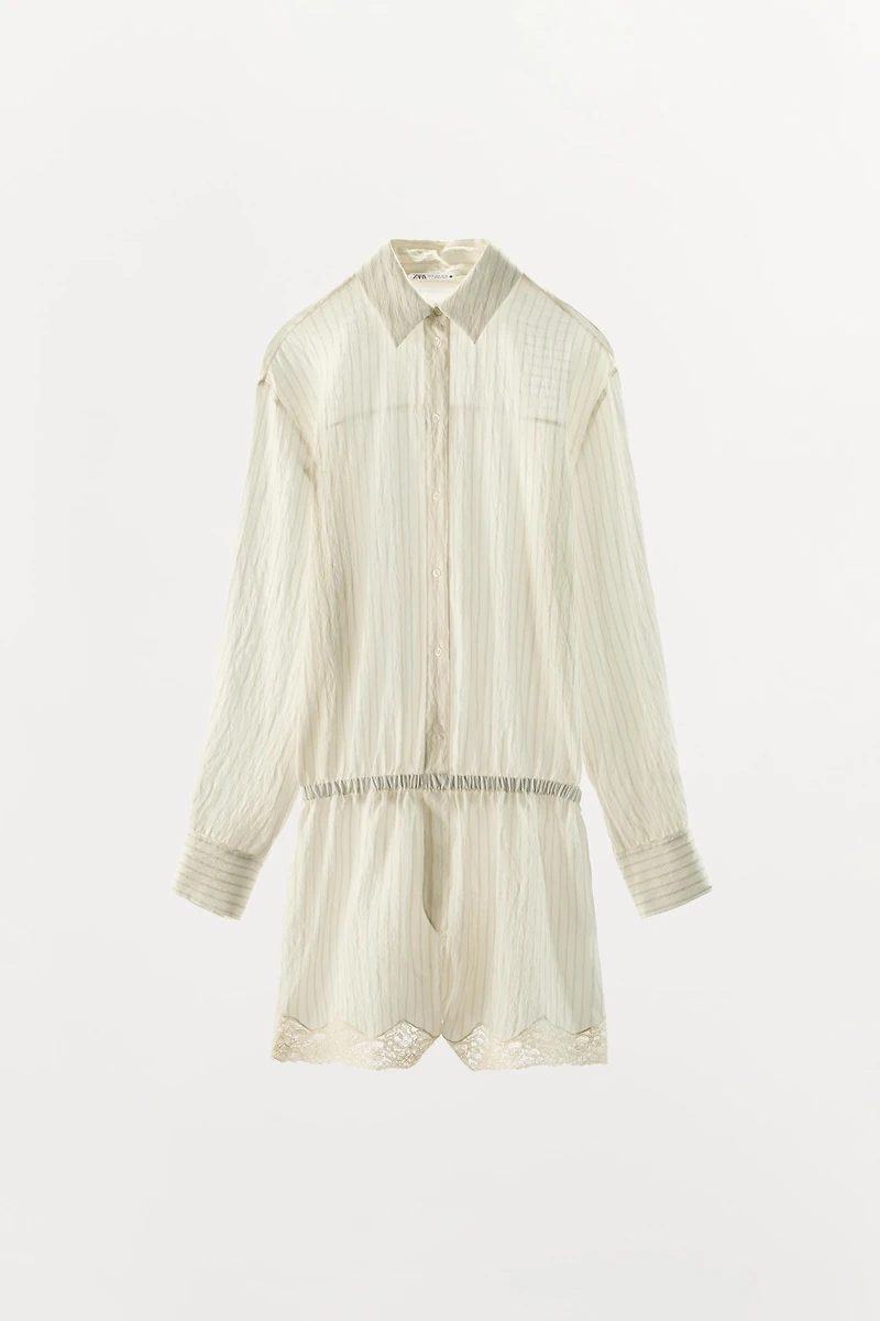 STRIPED PRINT LACE SHIRT JUMPSUIT