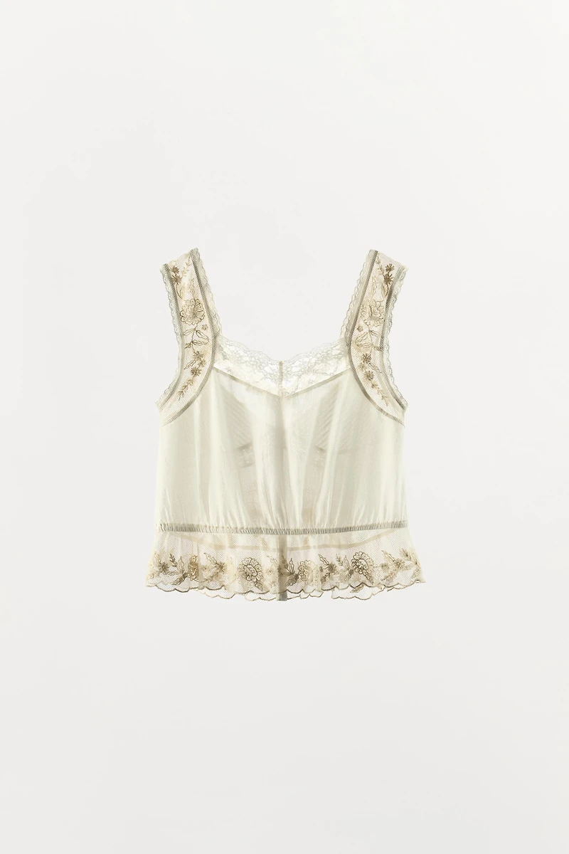 PLEATED BEADED EMBROIDERED TOP
