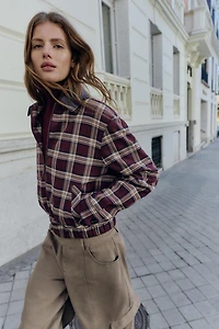 FAUX LEATHER LAPEL CHECK BOMBER JACKET