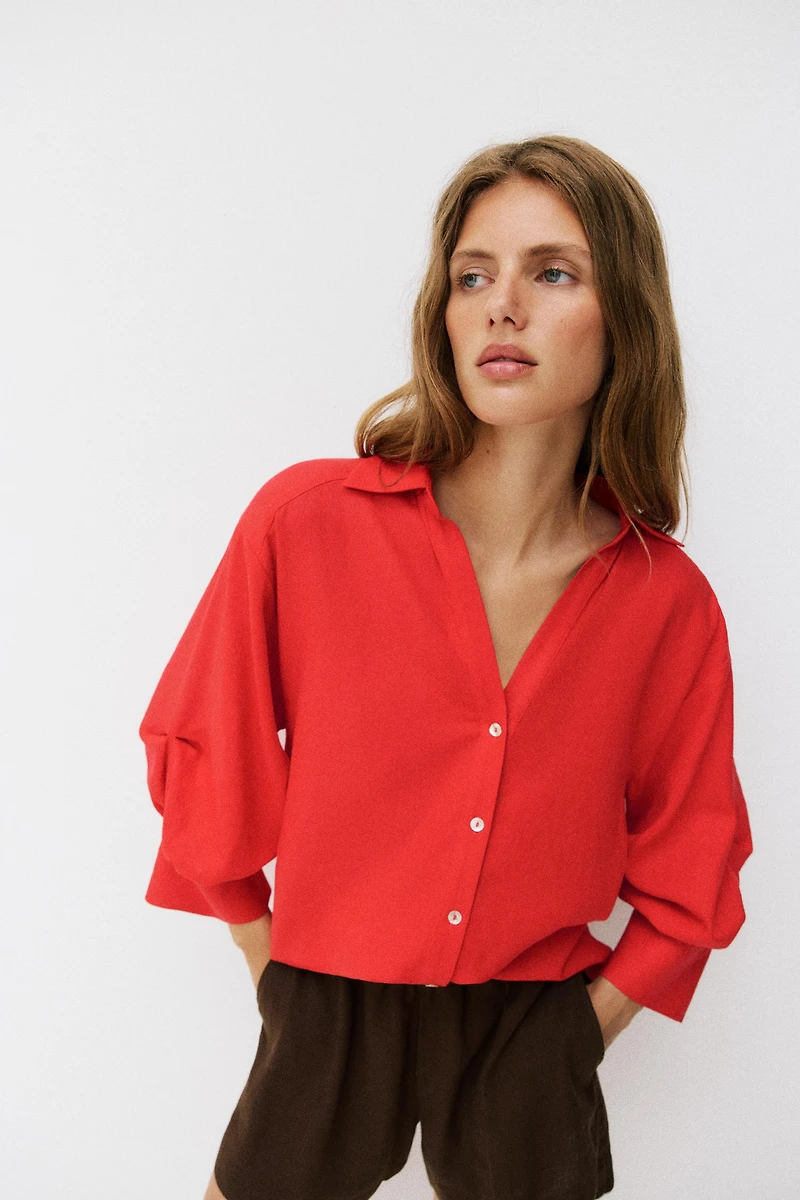 PUFF SLEEVE STRIPED LINEN SHIRT