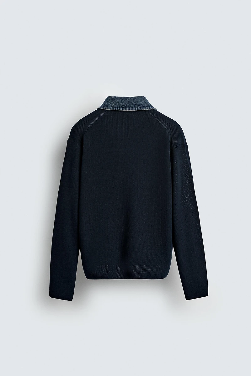 DENIM COLLAR KNIT POLO SHIRT