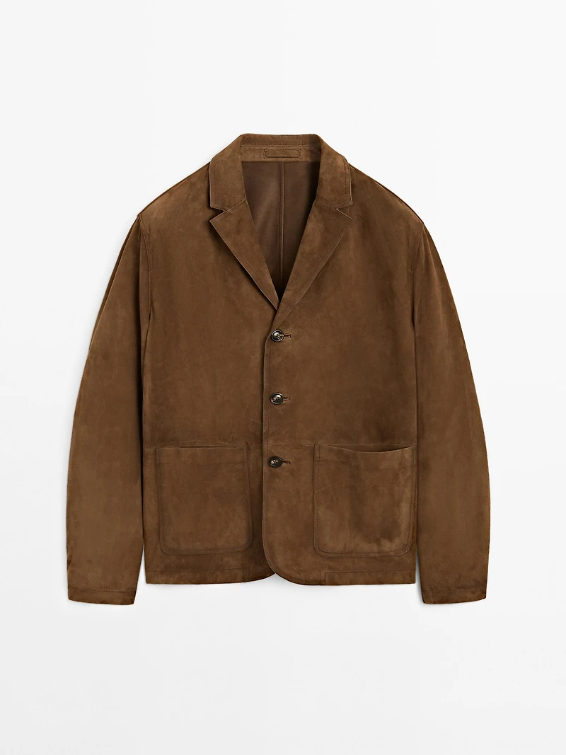 Suede leather blazer with topstitching