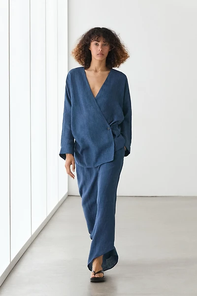 Linen total look denim-effect kimono