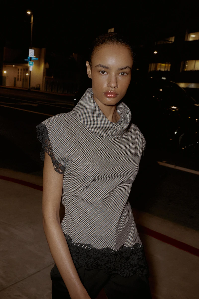 TOP PIED-DE-POULE EN DENTELLE