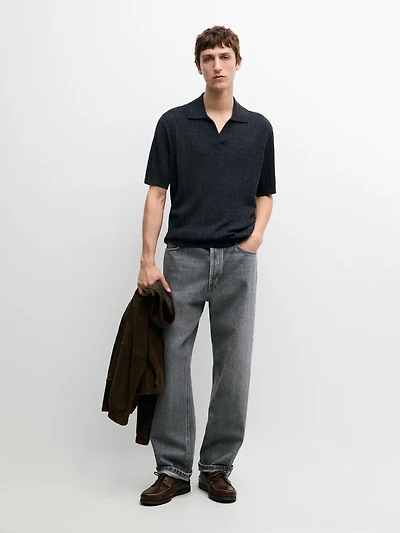 Short sleeve knit polo shirt with cable-knit detail
