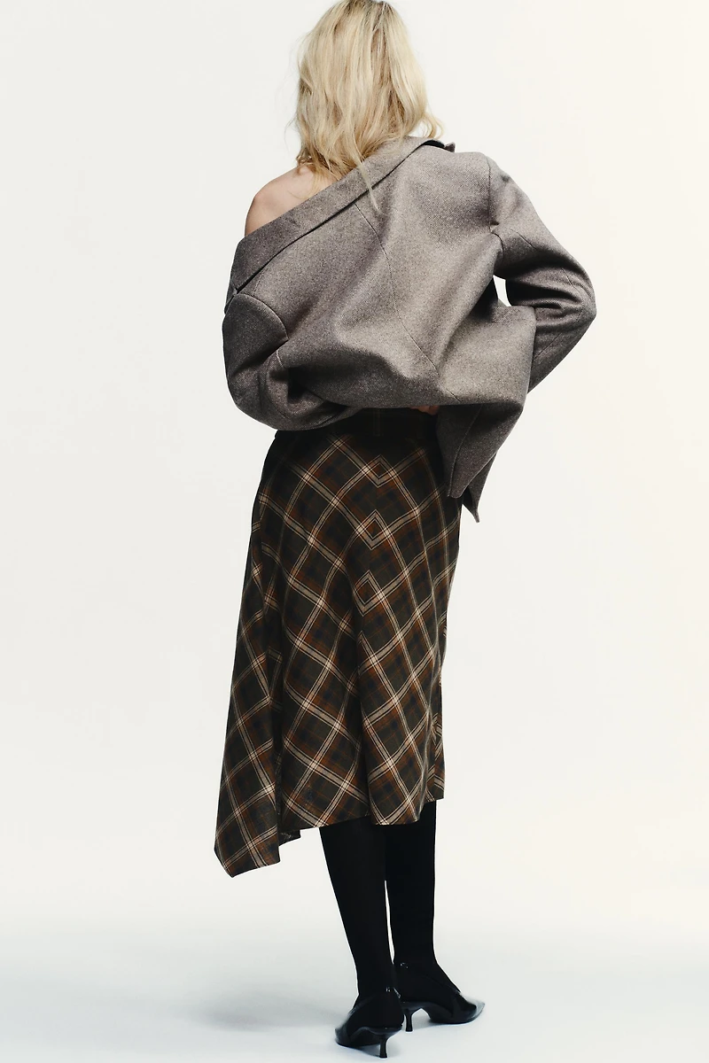 ASYMMETRIC PLAID MIDI SKIRT
