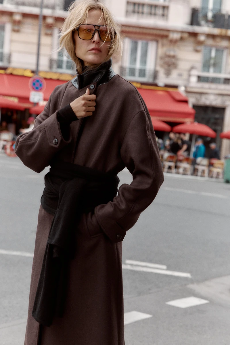 FAUX LEATHER COLLAR COAT