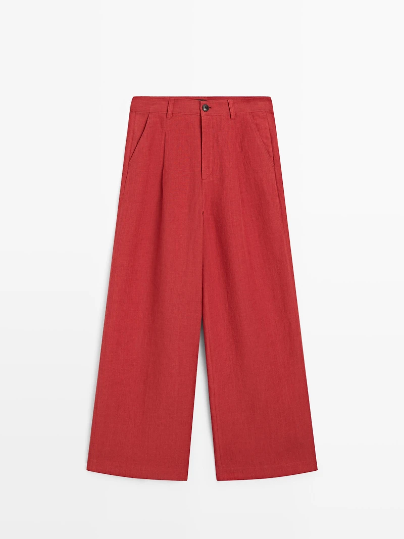 Loose fit high-waist linen trousers