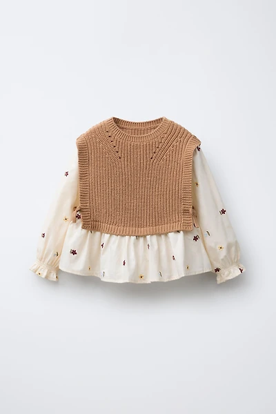 FLORAL EMBROIDERY SHIRT WITH KNIT VEST