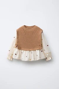 FLORAL EMBROIDERY SHIRT WITH KNIT VEST