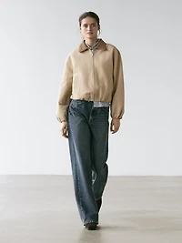 Short suede leather jacket with collar detail