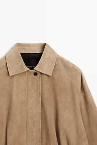 Blouson bomber plissé en cuir et daim