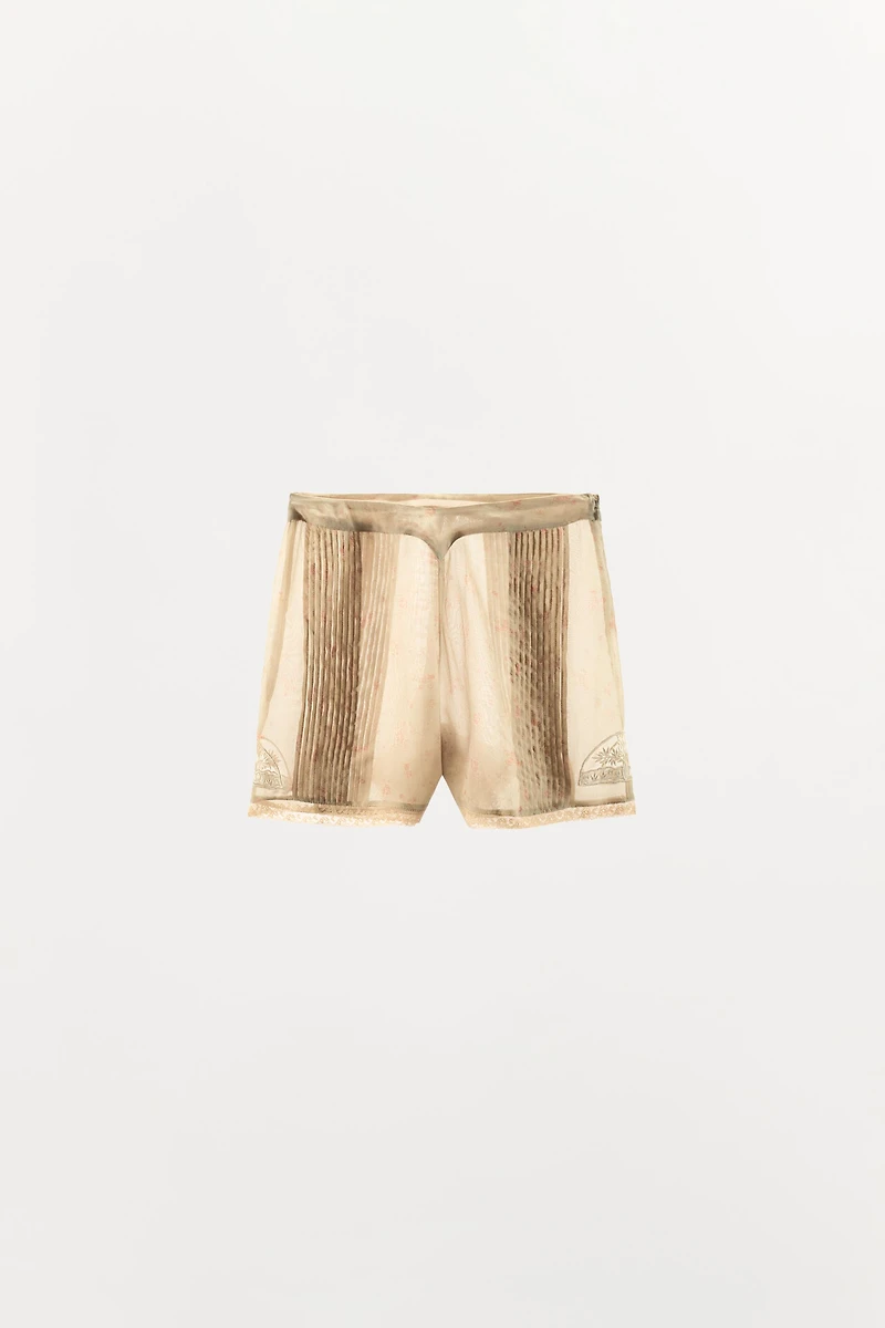 EMBROIDERED PRINT ORGANZA SHORTS