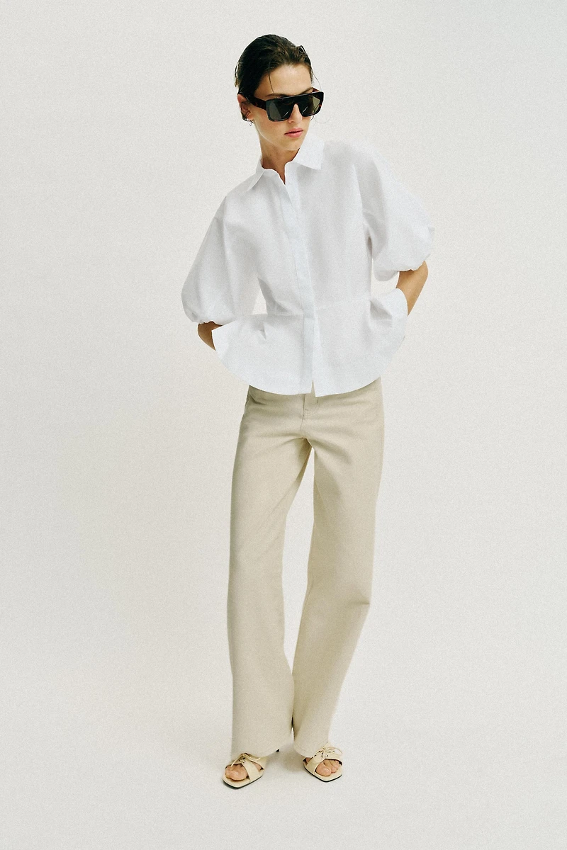 PEPLUM SHIRT WITH PUFF SLEEVES