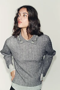 JEWEL COLLAR CABLE-KNIT SWEATER