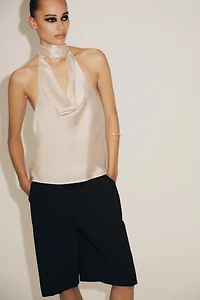 FRINGED HALTER SATIN EFFECT TOP