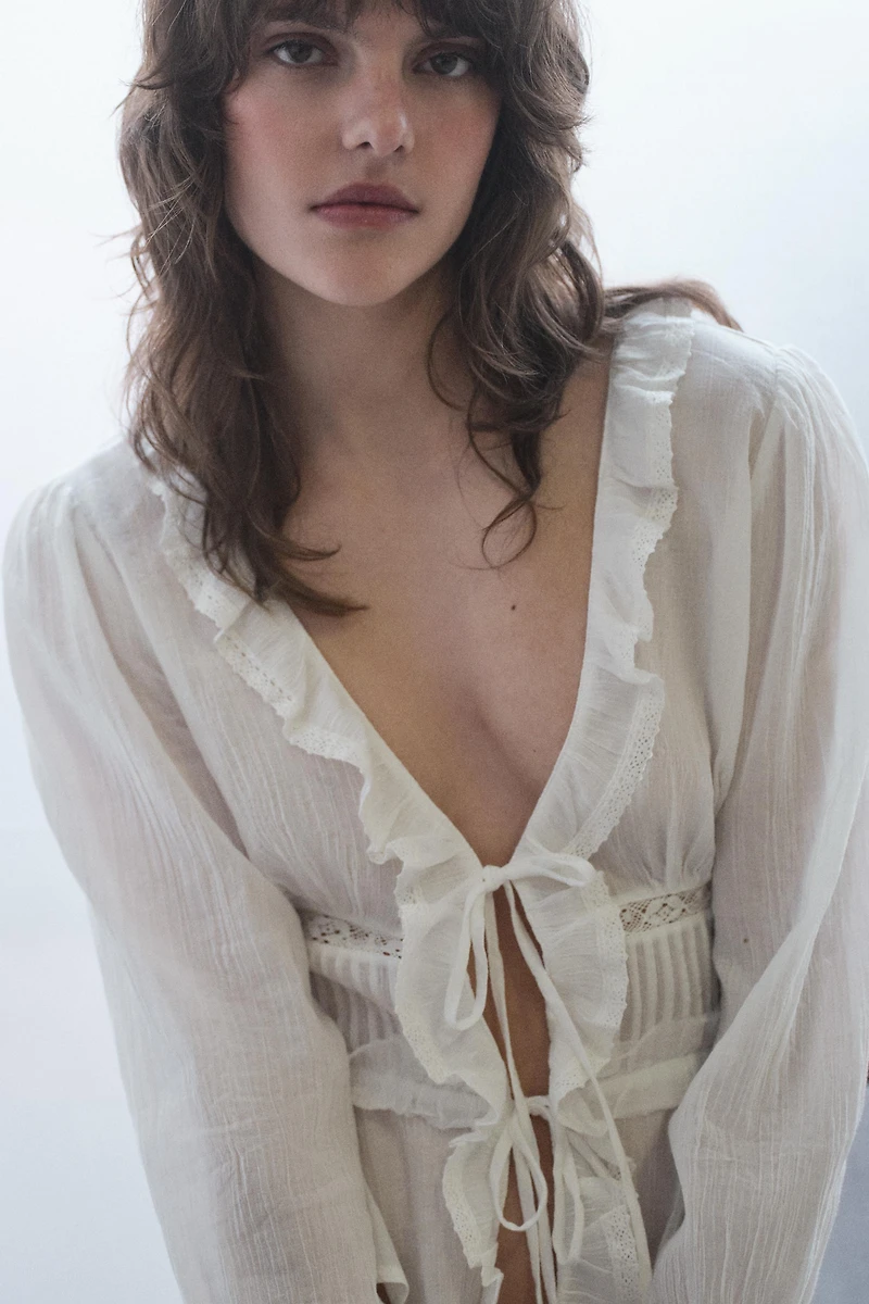 CHIFFON EMBROIDERED SHIRT WITH RUFFLES