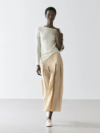 Cotton box pleat midi skirt