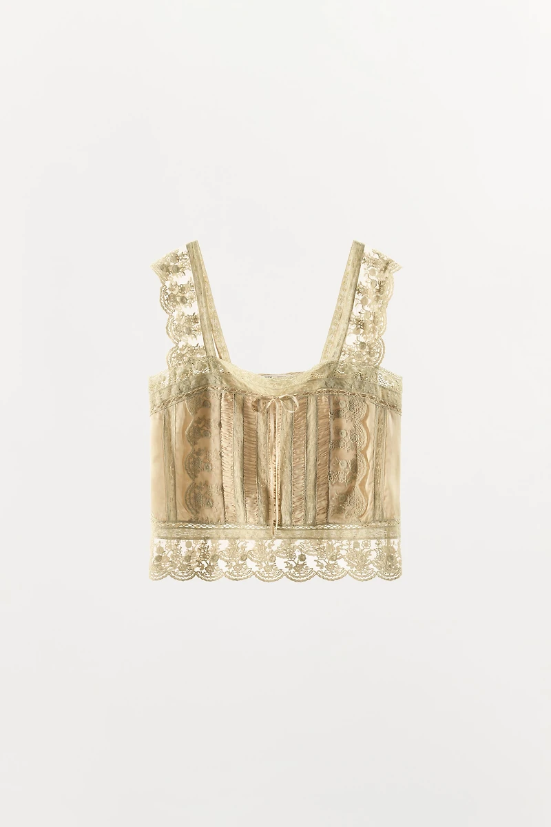 SATIN EFFECT PLEATED LACE TOP