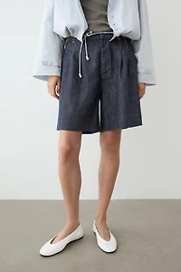 Cotton denim Bermuda shorts with topstitching