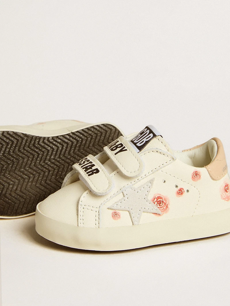 Baby School in nappa leather with pink rose motif and white suede star