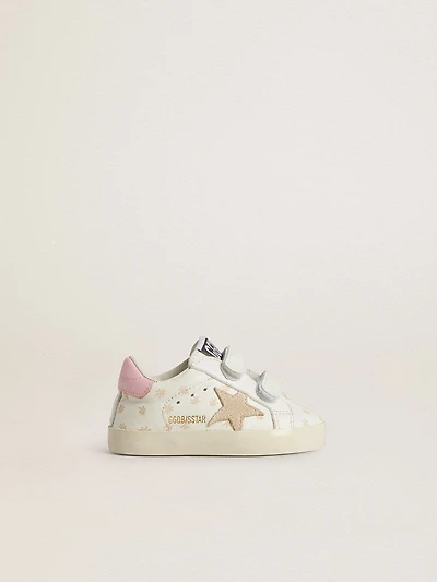 Baby School in nappa with pink flower motif and beige suede star