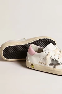 Junior Super-Star in white leather with silver metallic star and pink heel tab