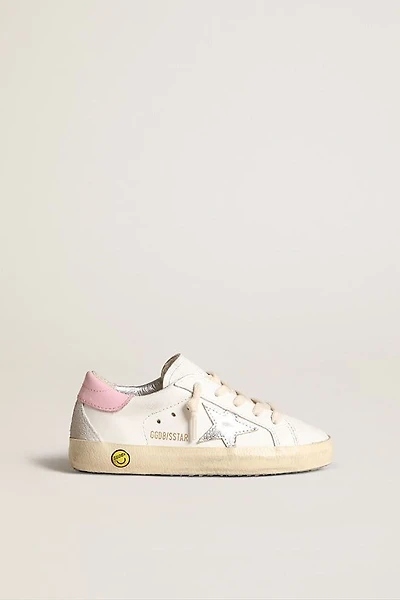 Junior Super-Star in white leather with silver metallic star and pink heel tab