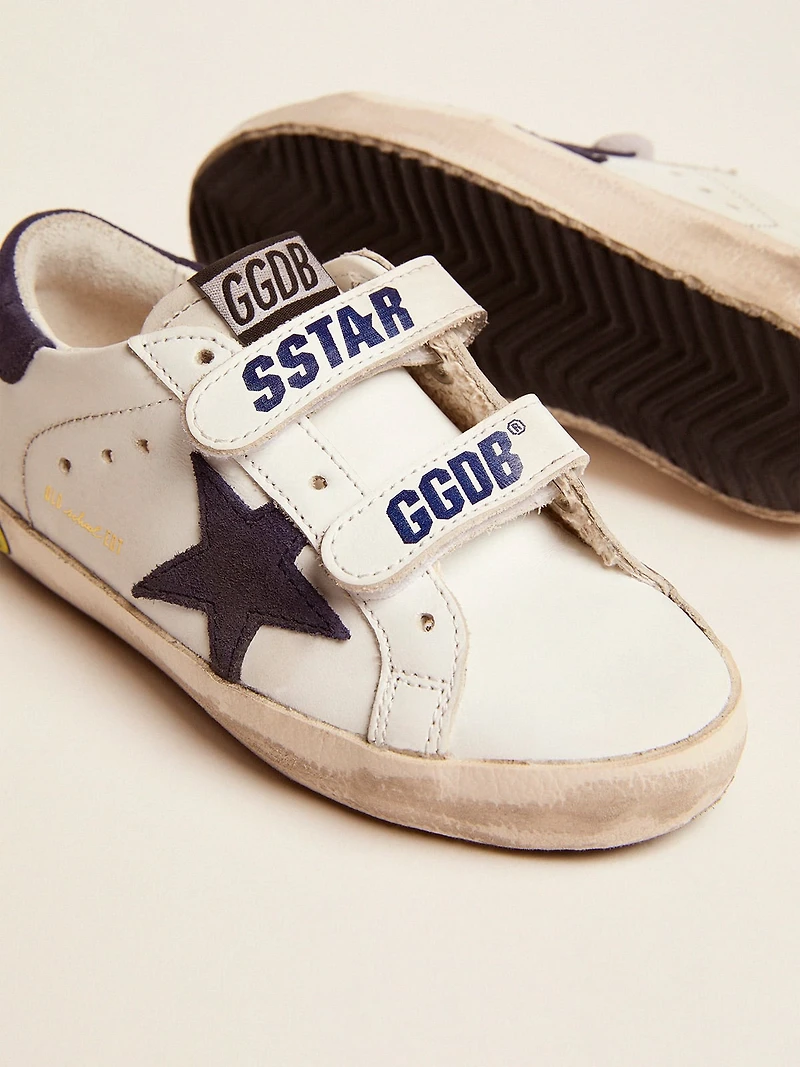 Old School Junior white leather with blue suede star and heel tab