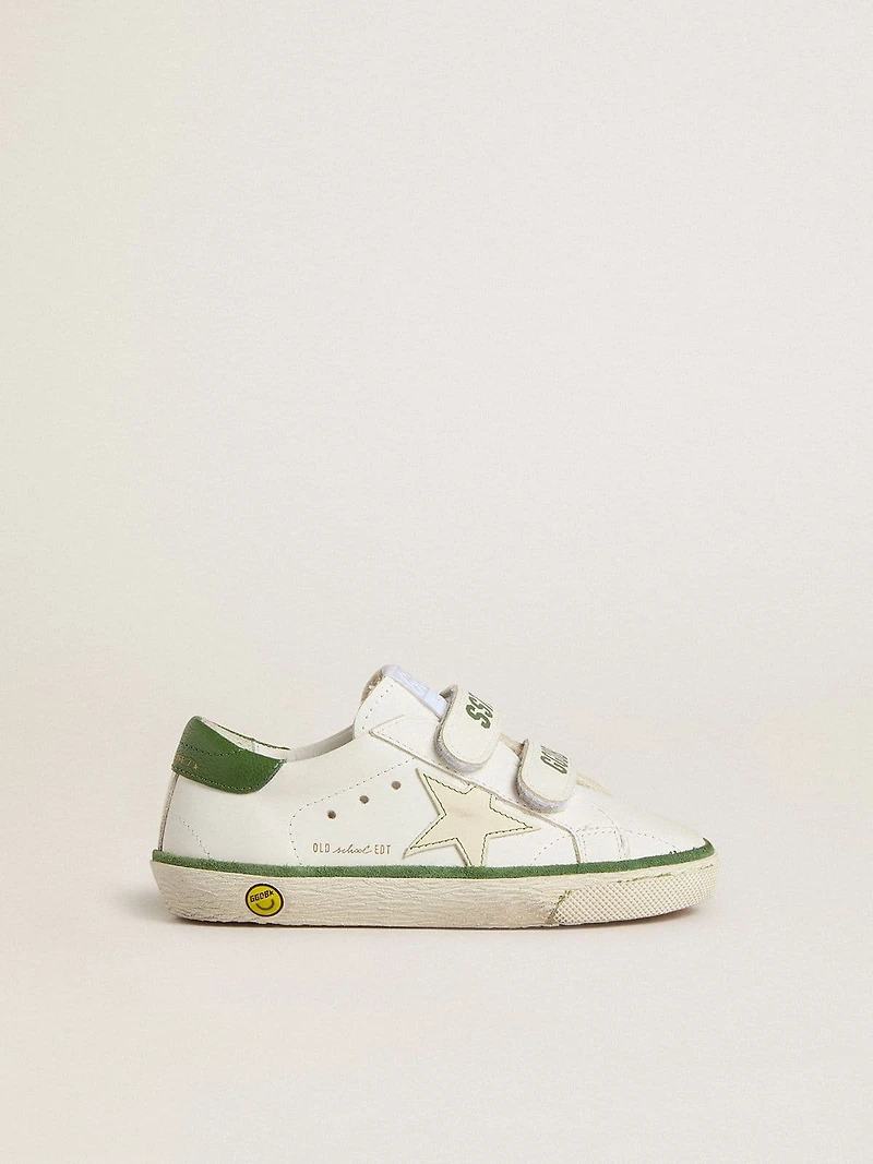 Junior Old School white leather with green nappa heel tab and insert