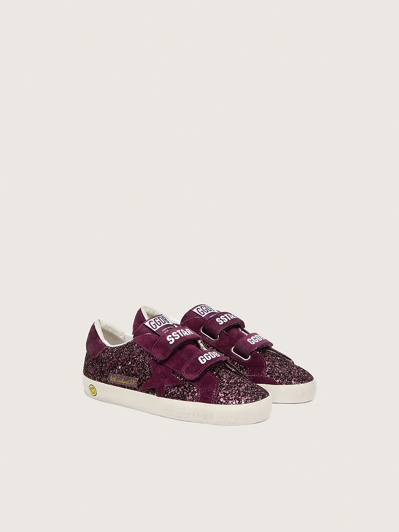 Junior Old School burgundy glitter with suede star and heel tab