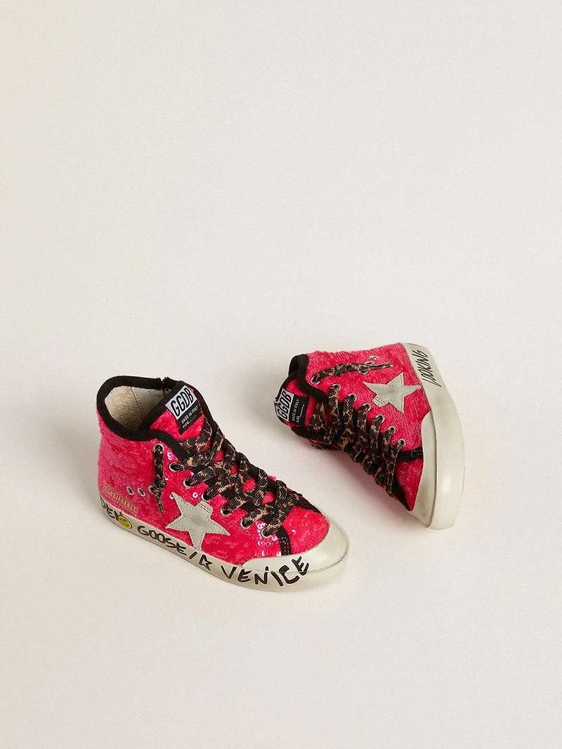 Junior Francy sequins with ice-gray suede star and animal-print laces