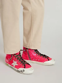 Junior Francy sequins with ice-gray suede star and animal-print laces