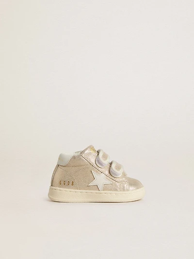 Junior June sand-colored metallic suede with white leather star and heel tab