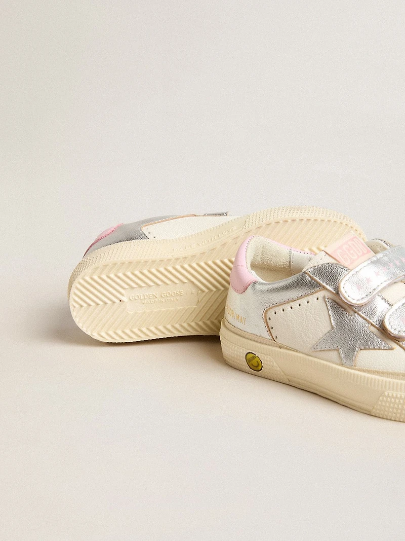 May Junior in white nappa leather and silver metallic leather with pink heel tab