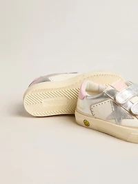 May Junior in white nappa leather and silver metallic leather with pink heel tab