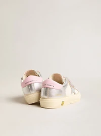 May Junior in white nappa leather and silver metallic leather with pink heel tab