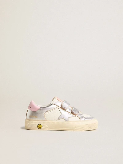 May Junior in white nappa leather and silver metallic leather with pink heel tab