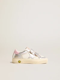May Junior in white nappa leather and silver metallic leather with pink heel tab