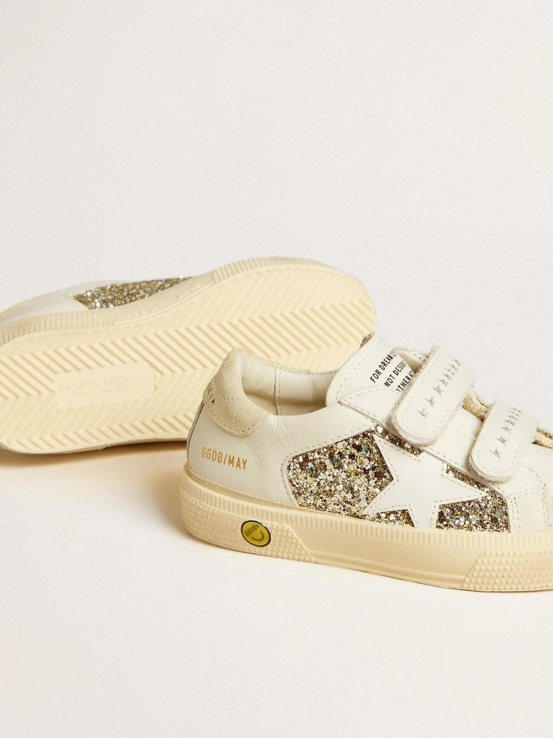 May School Junior in glitter with leather star and suede heel tab