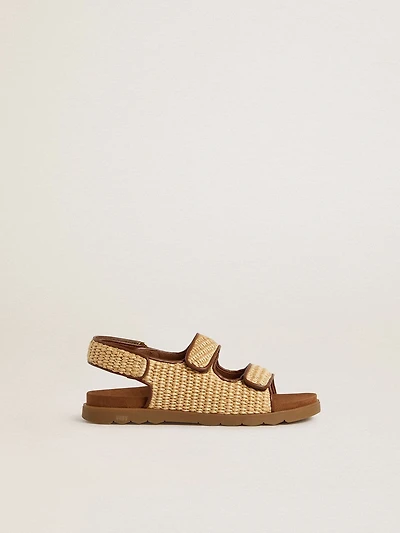 Junior Noa sandals beige raffia and brown leather