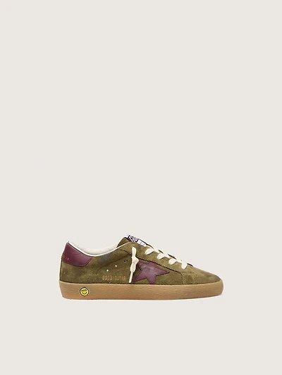 Junior Super-Star military-green suede with burgundy leather star and heel tab