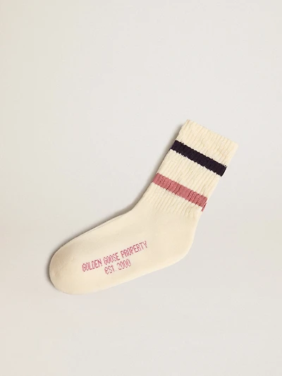 Worn white Kids socks with distressed details and two-tone lilac blue stripes