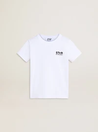 White T-shirt with contrasting black logo and star