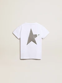 Girls’ white T-shirt with contrasting silver logo and star