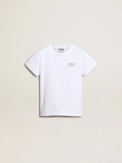 White T-shirt with contrasting silver logo on the front