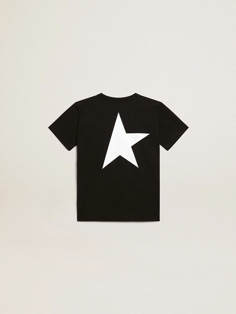 Black T-shirt with contrasting white logo on the front and maxi star back